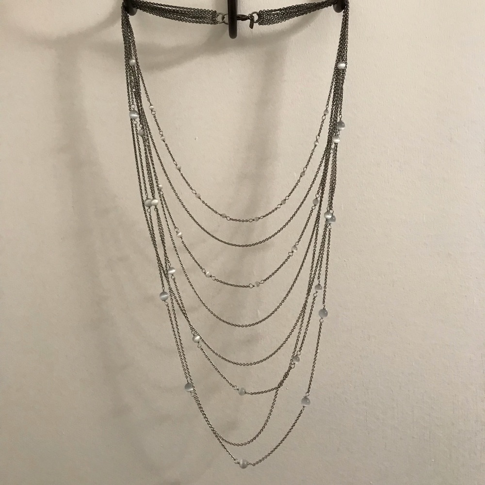 Multi-tiered silver necklace w/ crystal balls